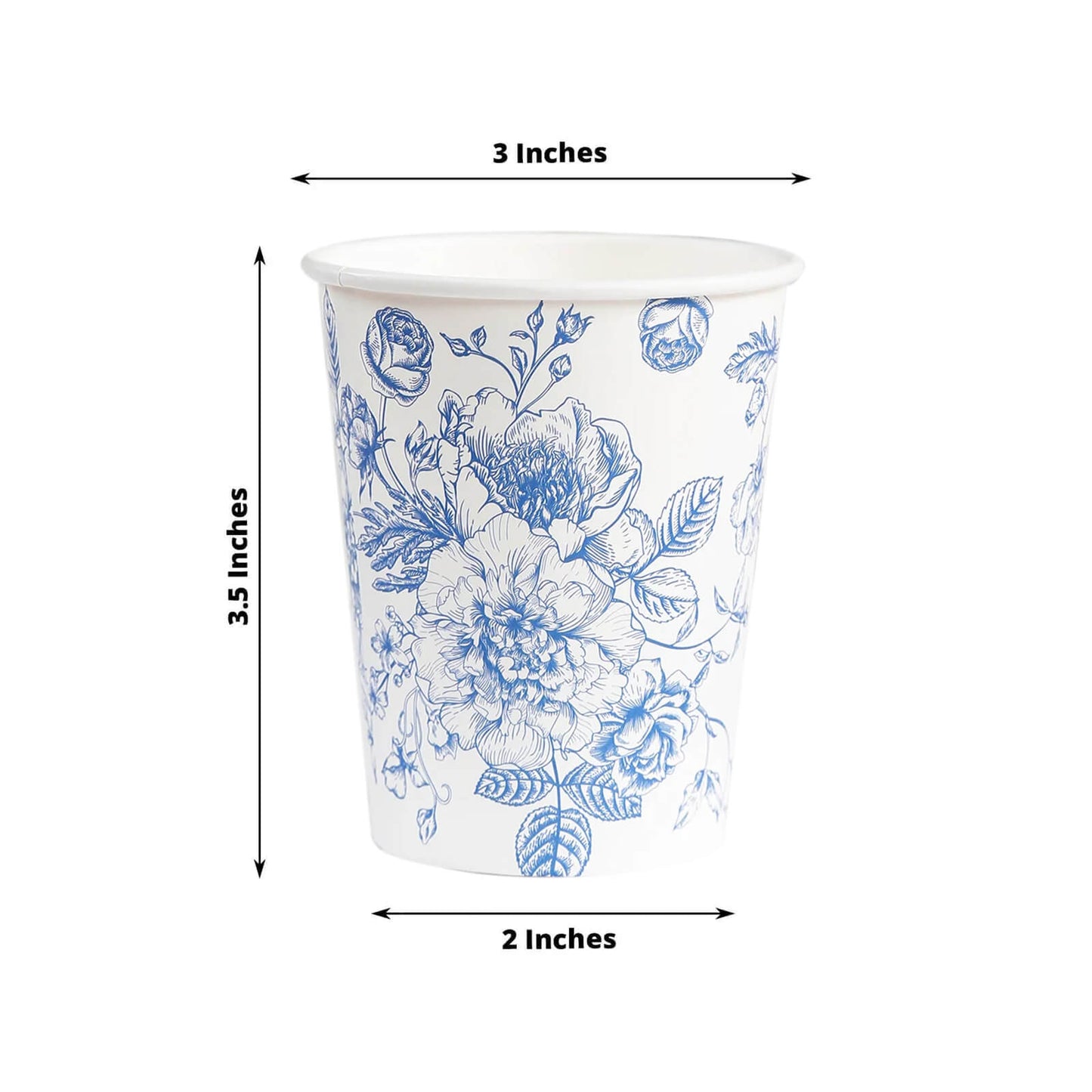 50-Pack Paper Cups in White with Blue French Toile Print - Stylish Disposable Floral Party Cups for Weddings & All Purpose Use 9oz