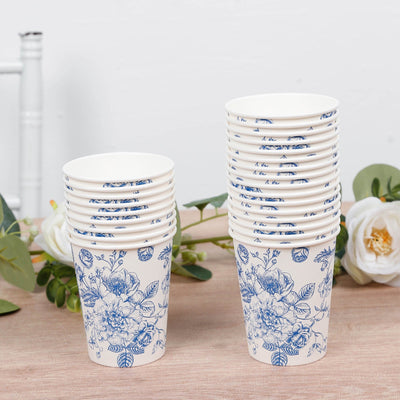 50-Pack Paper Cups in White with Blue French Toile Print - Stylish Disposable Floral Party Cups for Weddings & All Purpose Use 9oz