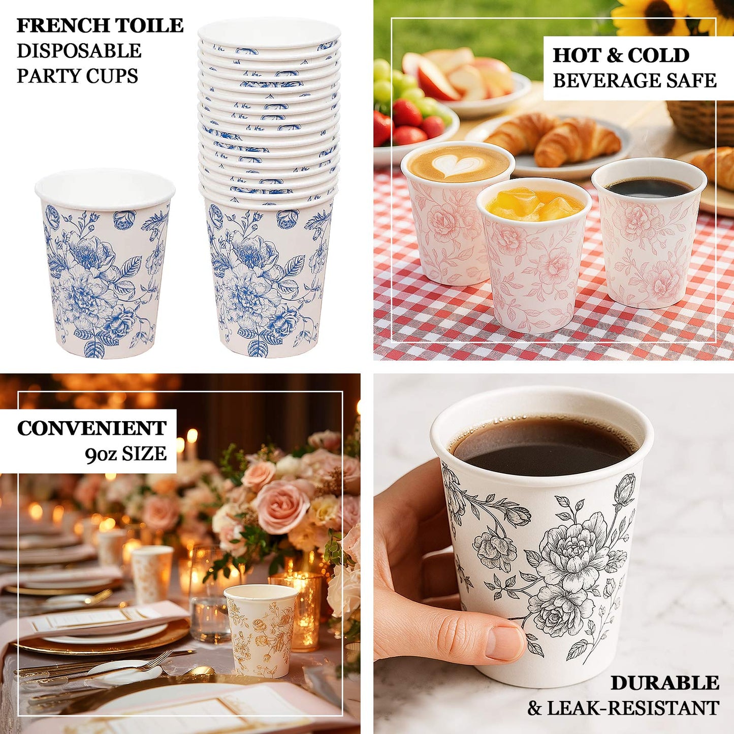 50-Pack Paper Cups in White with Black French Toile Print - Stylish Disposable Floral Party Cups for Weddings & All Purpose Use 9oz