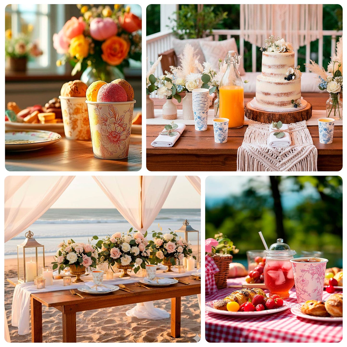 50-Pack Paper Cups in White with Black French Toile Print - Stylish Disposable Floral Party Cups for Weddings & All Purpose Use 9oz