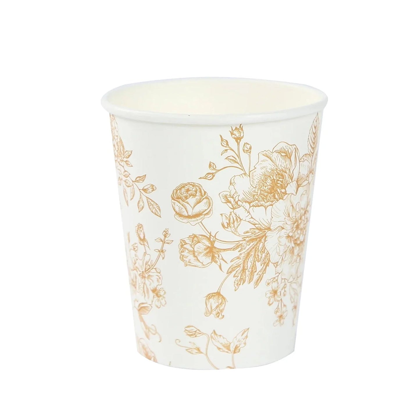 24-Pack Paper Cups in White with Gold French Toile Print - Stylish Disposable Floral Party Cups for Weddings & All Purpose Use 9oz