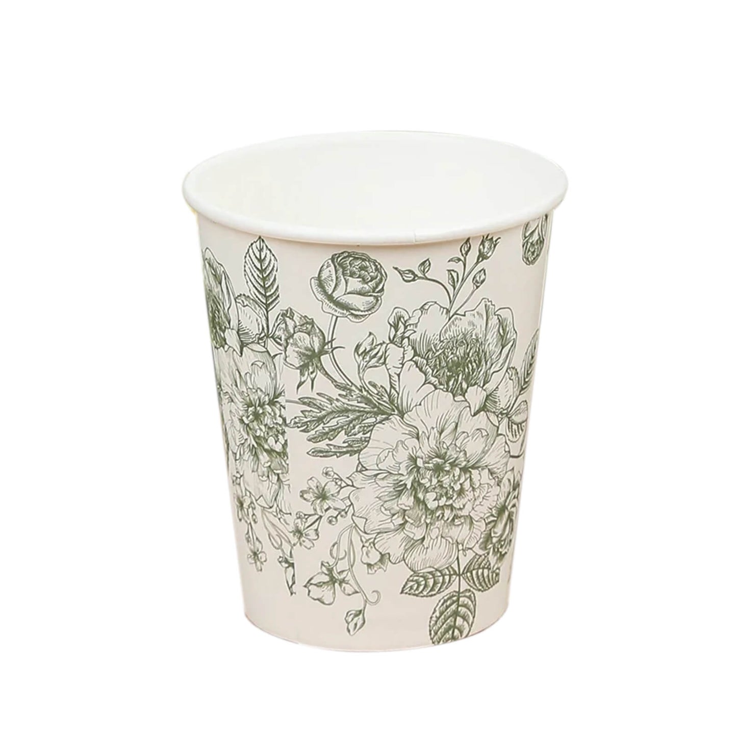 50-Pack Paper Cups in White with Sage Green French Toile Print - Stylish Disposable Floral Party Cups for Weddings & All Purpose Use 9oz