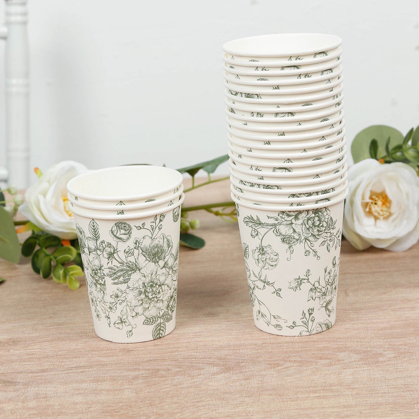 50-Pack Paper Cups in White with Sage Green French Toile Print - Stylish Disposable Floral Party Cups for Weddings & All Purpose Use 9oz