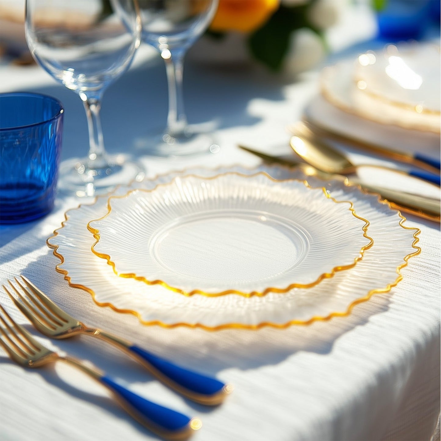 20 Pack 7" Plastic Dessert Plates â€“ Clear Reef Design with Gold Rim, Appetizer and Salad Party Plates â€“ Elegant Disposable Tableware