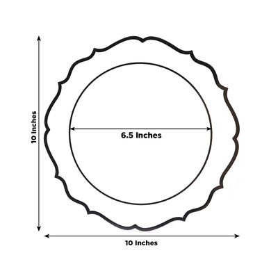 10-Pack Plastic 10" Round Dinner Plates in White with Black Scalloped Rim - Disposable Party Plates