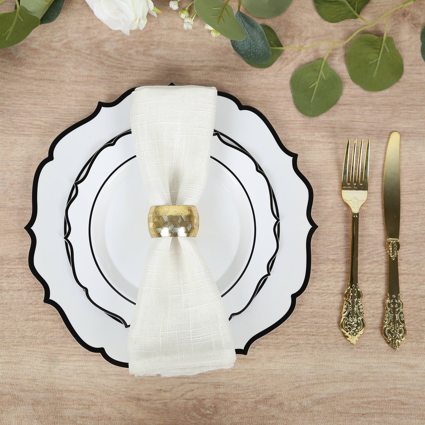 10-Pack Plastic 10" Round Dinner Plates in White with Black Scalloped Rim - Disposable Party Plates