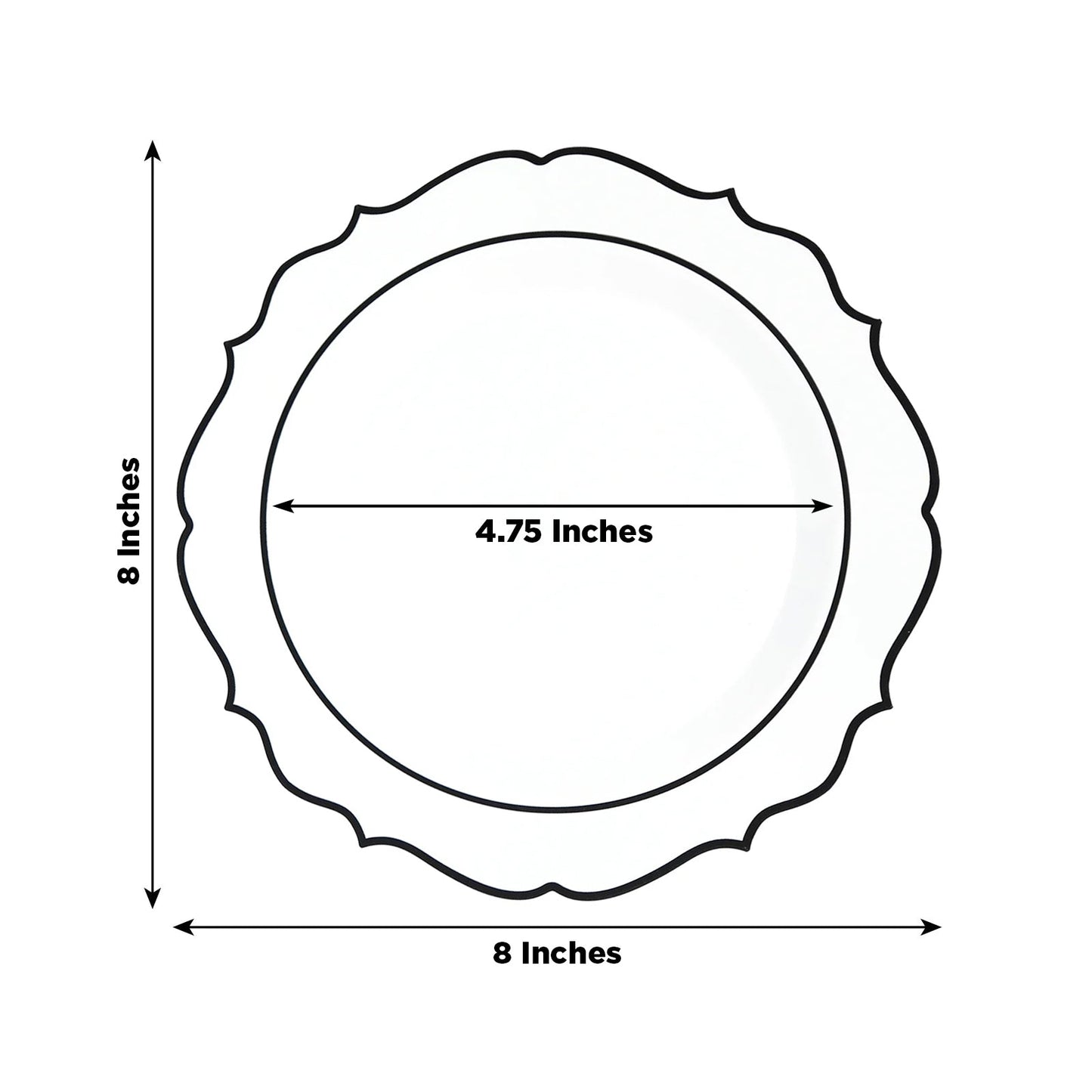 10-Pack Plastic 8" Round Dessert Plates in Clear with Black Scalloped Rim - Disposable Appetizer/Salad Plates