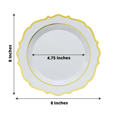 10-Pack Plastic 8" Round Dessert Plates in White with Gold Scalloped Rim - Disposable Appetizer/Salad Plates for Chic Banquets & Special Occasions