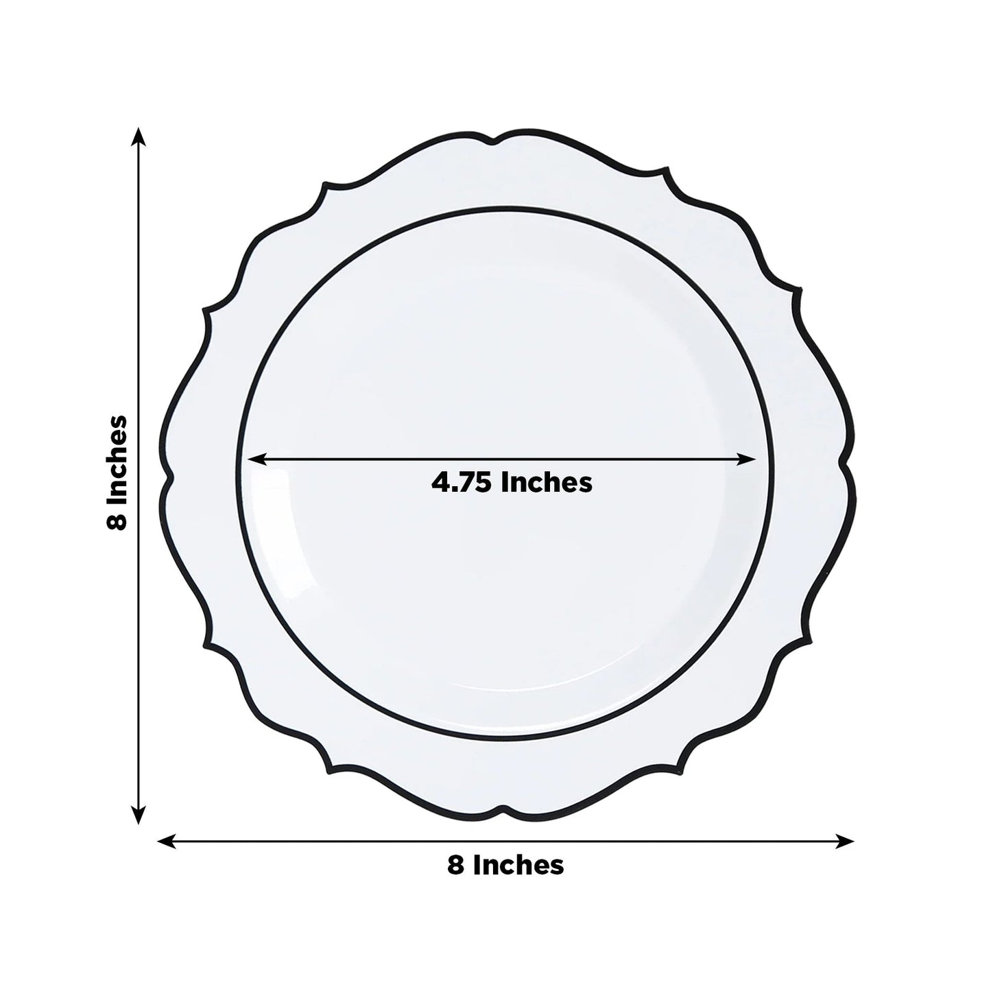 10-Pack Plastic 8" Round Dessert Plates in White with Black Scalloped Rim - Disposable Appetizer/Salad Plates