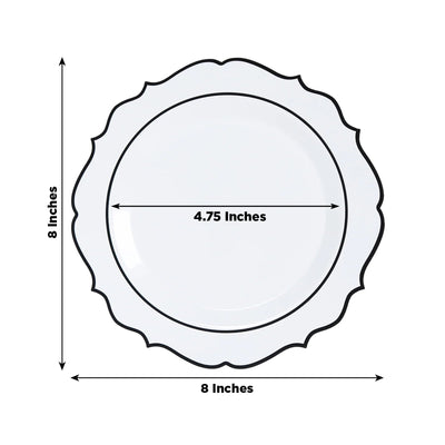 10-Pack Plastic 8" Round Dessert Plates in White with Black Scalloped Rim - Disposable Appetizer/Salad Plates