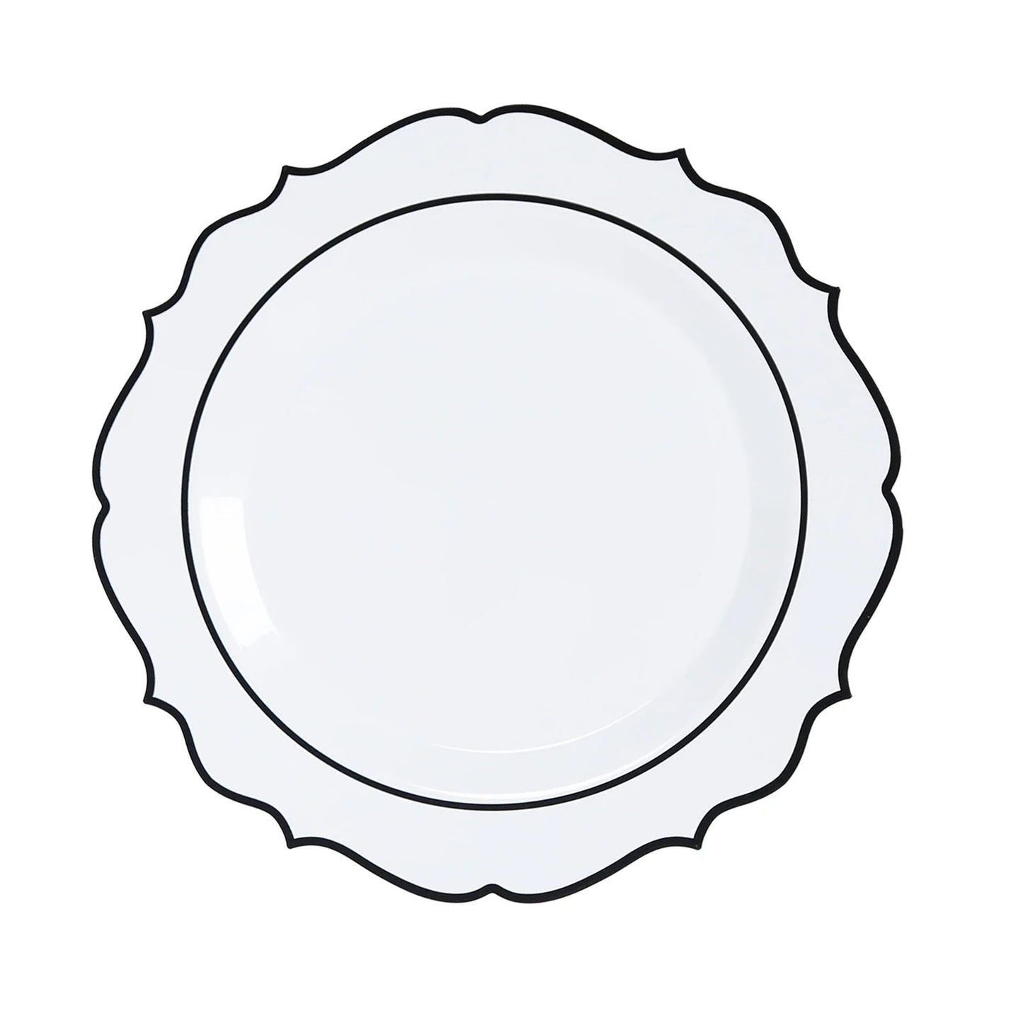 10-Pack Plastic 8" Round Dessert Plates in White with Black Scalloped Rim - Disposable Appetizer/Salad Plates
