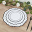 10-Pack Plastic 8" Round Dessert Plates in White with Black Scalloped Rim - Disposable Appetizer/Salad Plates