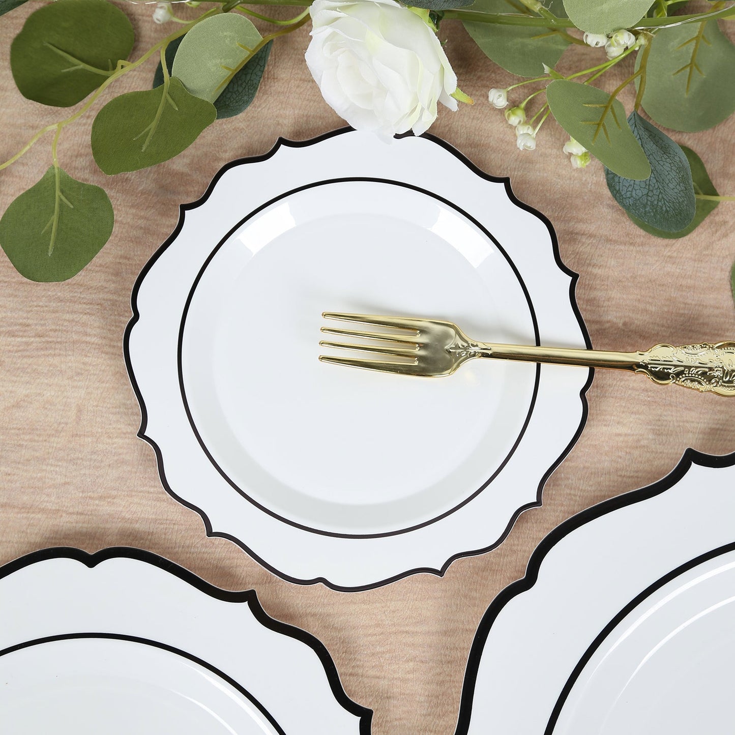 10-Pack Plastic 8" Round Dessert Plates in White with Black Scalloped Rim - Disposable Appetizer/Salad Plates