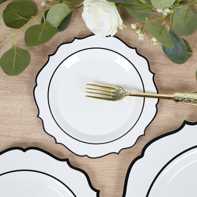 10-Pack Plastic 8" Round Dessert Plates in White with Black Scalloped Rim - Disposable Appetizer/Salad Plates