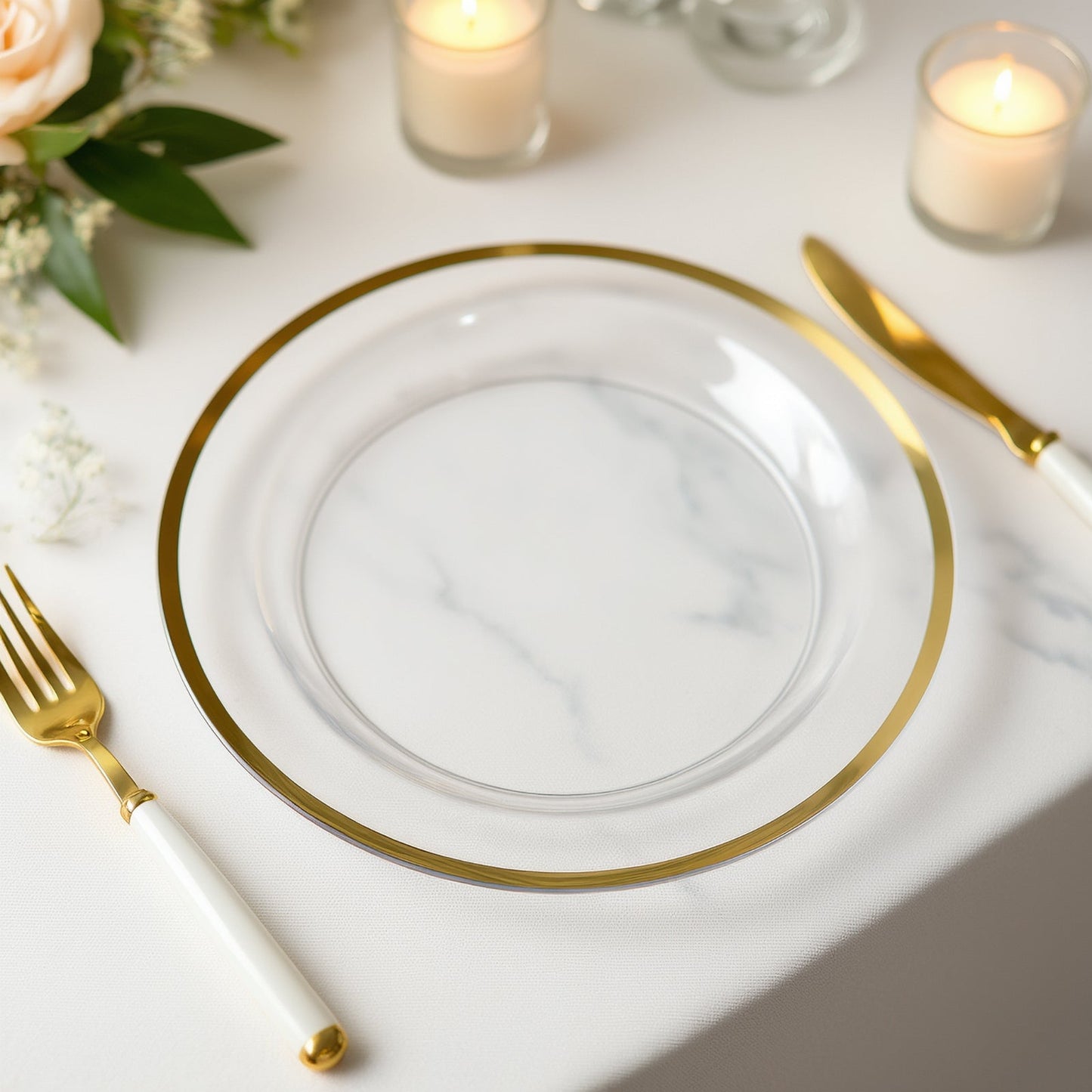 10-Pack Plastic 10" Round Dinner Plates in Clear with Gold Rim - Disposable Party Plates for Classy Banquets & Special Occasions