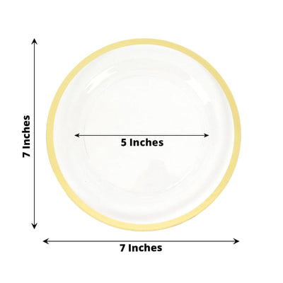 10-Pack Plastic 7" Round Appetizer Plates in Clear with Gold Rim - Sleek Disposable Salad Plates for Banquets & Special Occasions