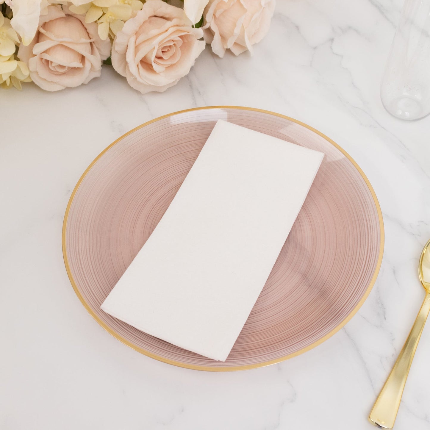 20-Pack 10" Plastic Dinner Plates, Round Transparent Dusty Rose Swirl with Gold Rim â€“ Crystal-Like Elegant Party Plates