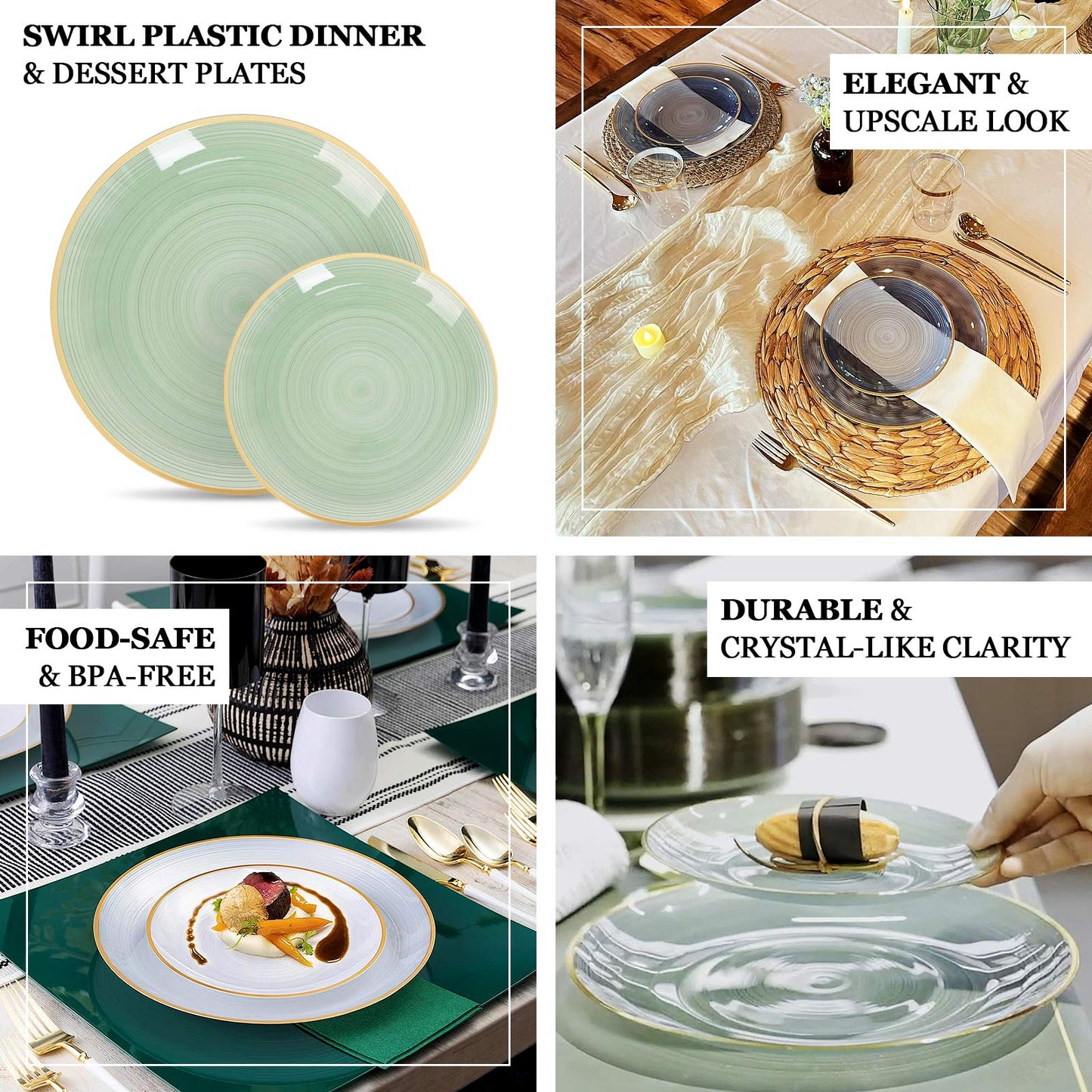 20-Pack 7" Plastic Salad Dessert Plates, Round Transparent Dusty Sage Green Swirl with Gold Rim â€“ Crystal-Like Elegant Party Plates