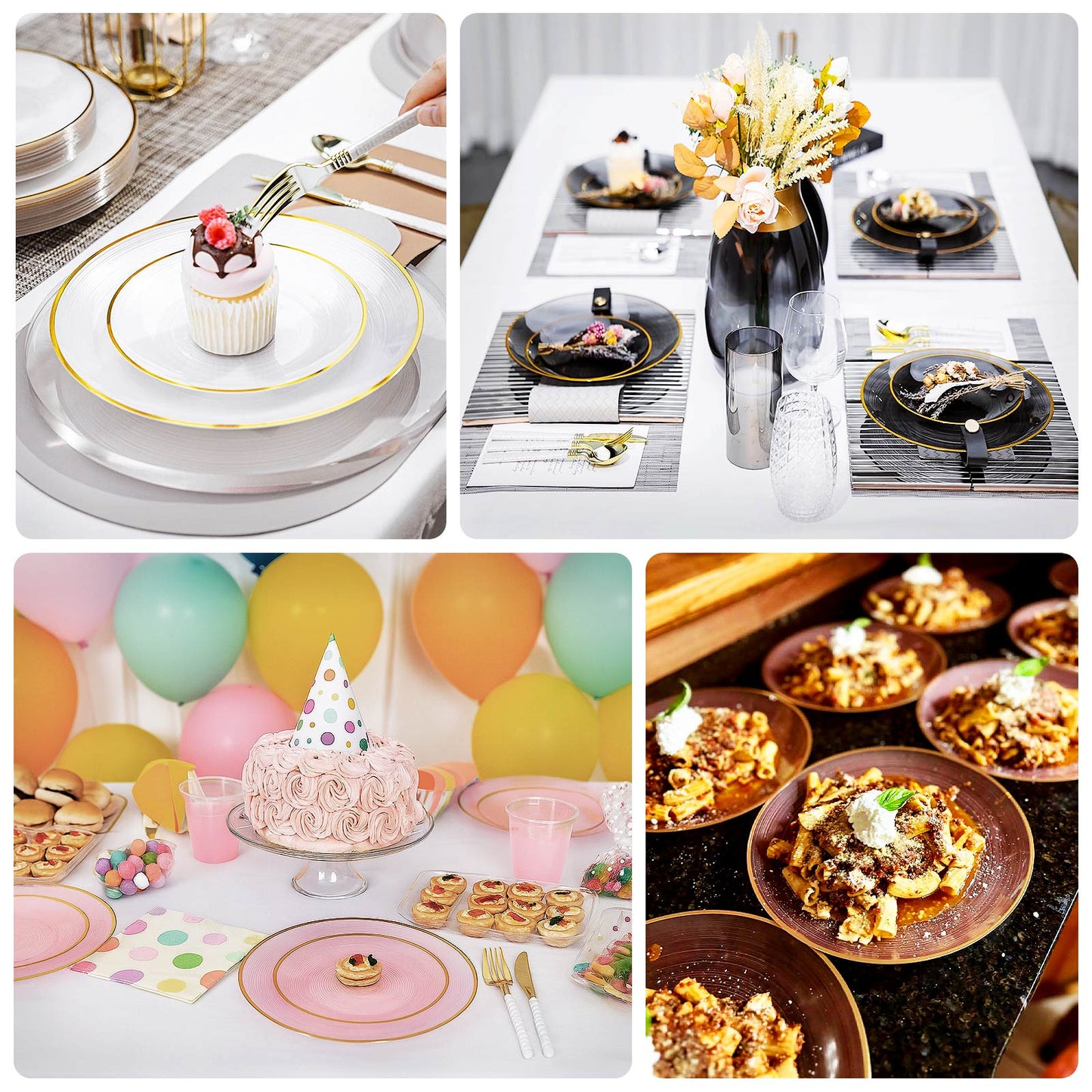 20-Pack 7" Plastic Salad Dessert Plates, Round Transparent Pearl White Swirl with Gold Rim â€“ Crystal-Like Elegant Party Plates