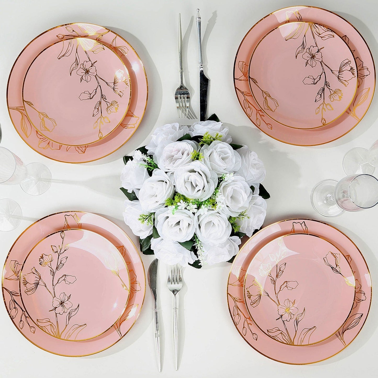 Set of 20 Plastic Round Dinner and Dessert Plates in Dusty Rose with Metallic Gold Floral Design - Stylish Disposable Dinnerware 8", 10"