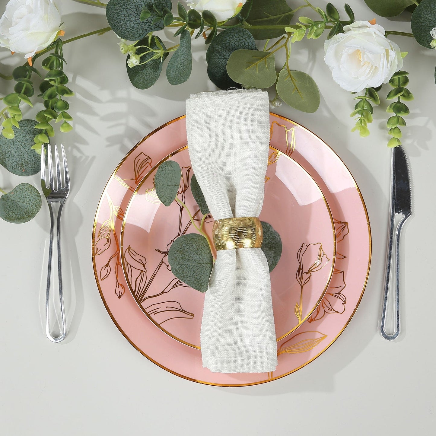 Set of 20 Plastic Round Dinner and Dessert Plates in Dusty Rose with Metallic Gold Floral Design - Stylish Disposable Dinnerware 8", 10"