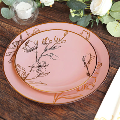 Set of 20 Plastic Round Dinner and Dessert Plates in Dusty Rose with Metallic Gold Floral Design - Stylish Disposable Dinnerware 8", 10"