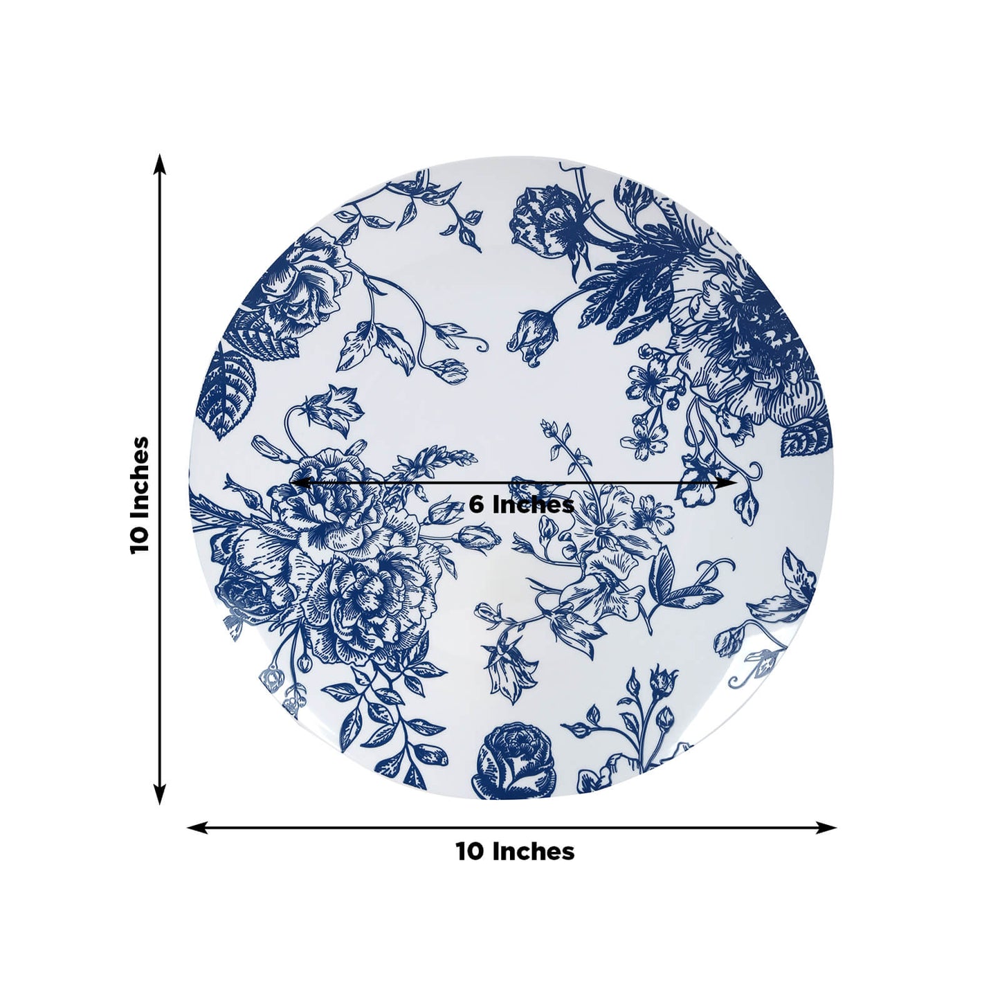 10-Pack French Toile Plastic Party Plates â€“ Blue & White Floral, 10" Round Disposable Dinner Plates