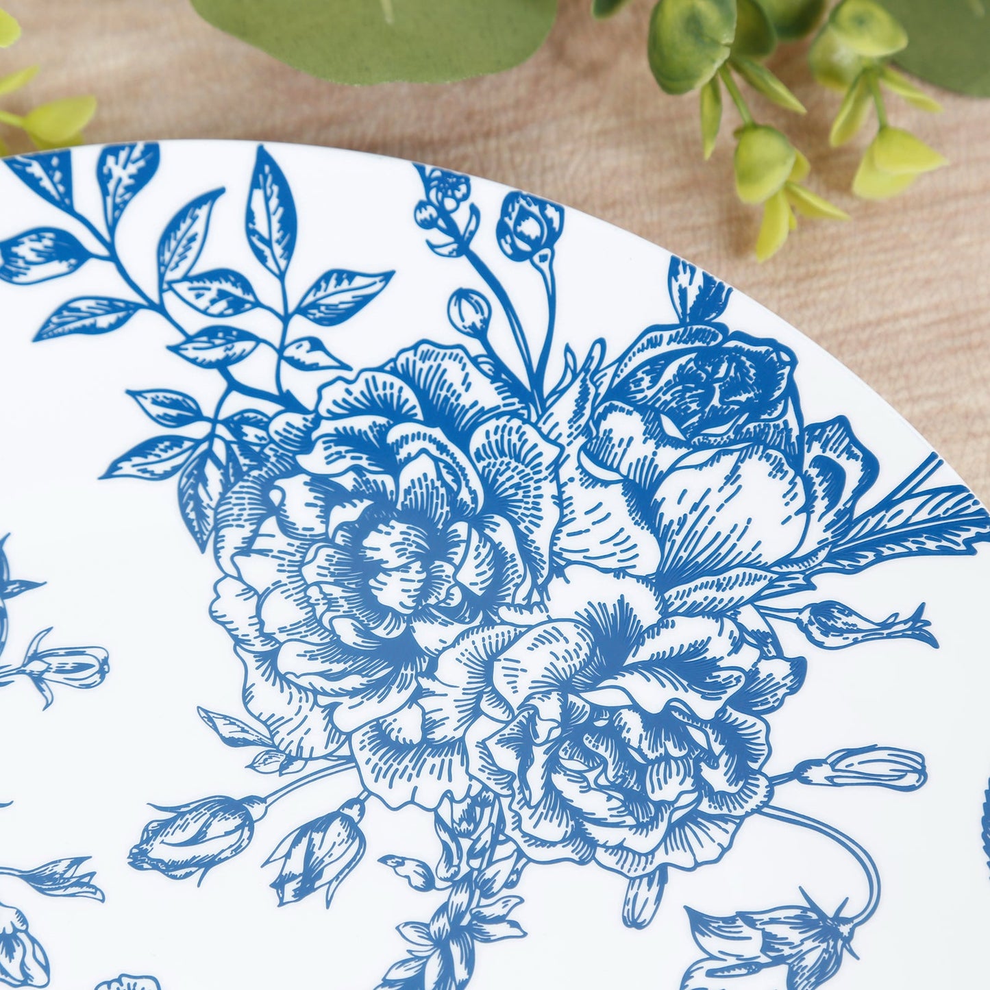 10-Pack French Toile Plastic Party Plates â€“ Blue & White Floral, 10" Round Disposable Dinner Plates