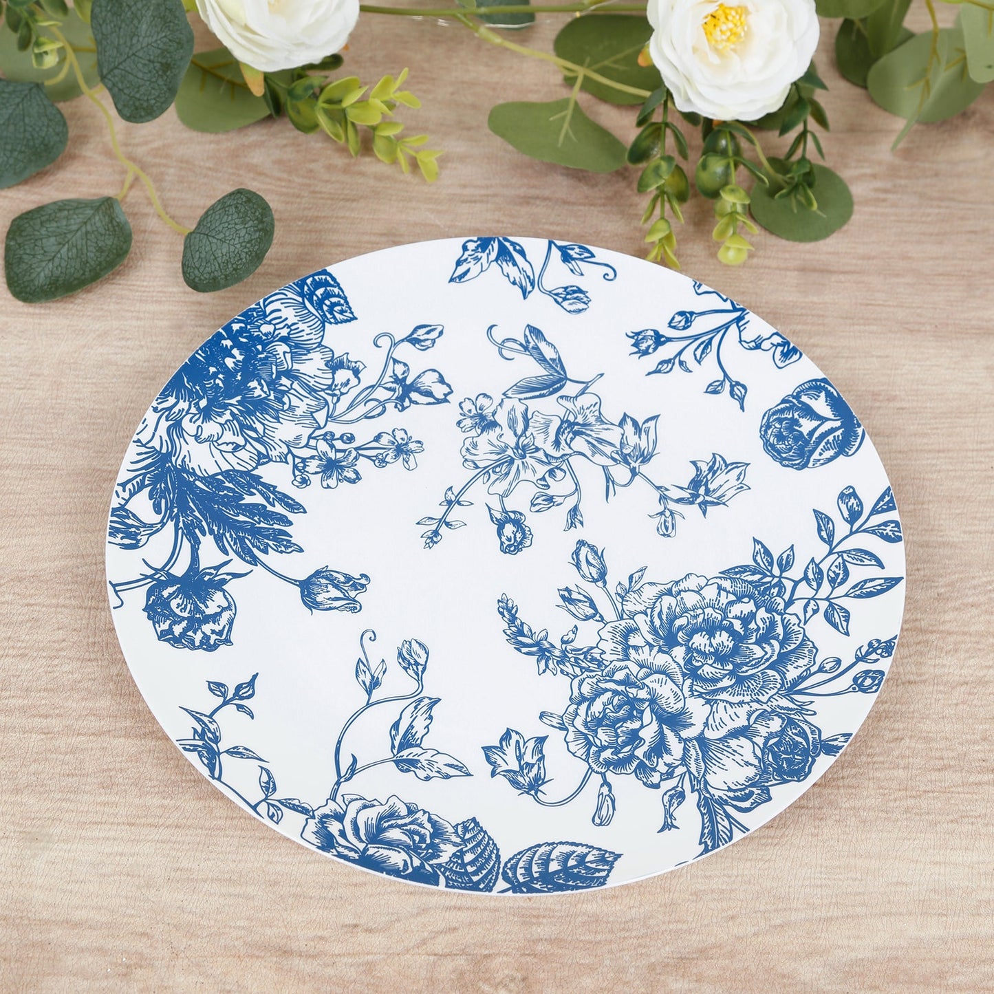 10-Pack French Toile Plastic Party Plates â€“ Blue & White Floral, 10" Round Disposable Dinner Plates