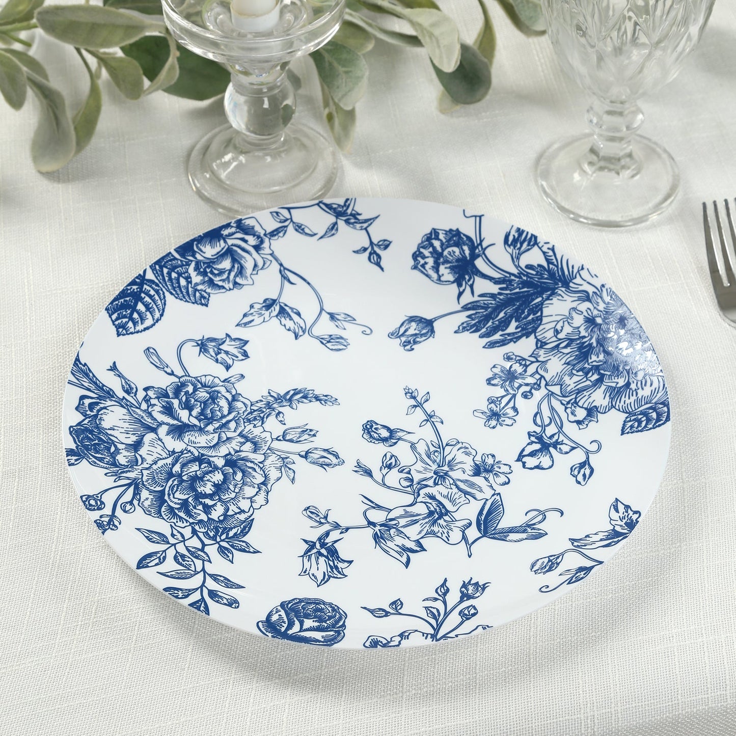 10-Pack French Toile Plastic Party Plates â€“ Blue & White Floral, 10" Round Disposable Dinner Plates