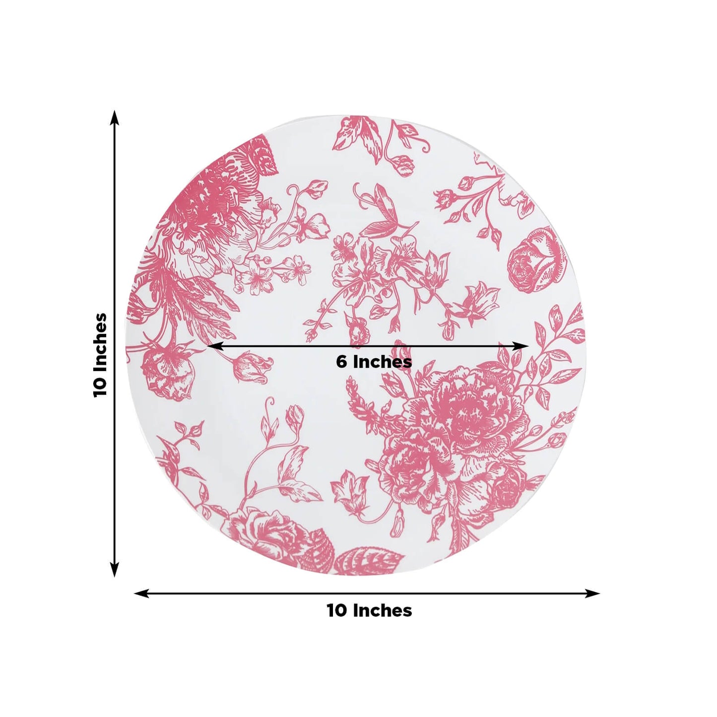 10-Pack French Toile Plastic Party Plates â€“ Pink & White Floral, 10" Round Disposable Dinner Plates