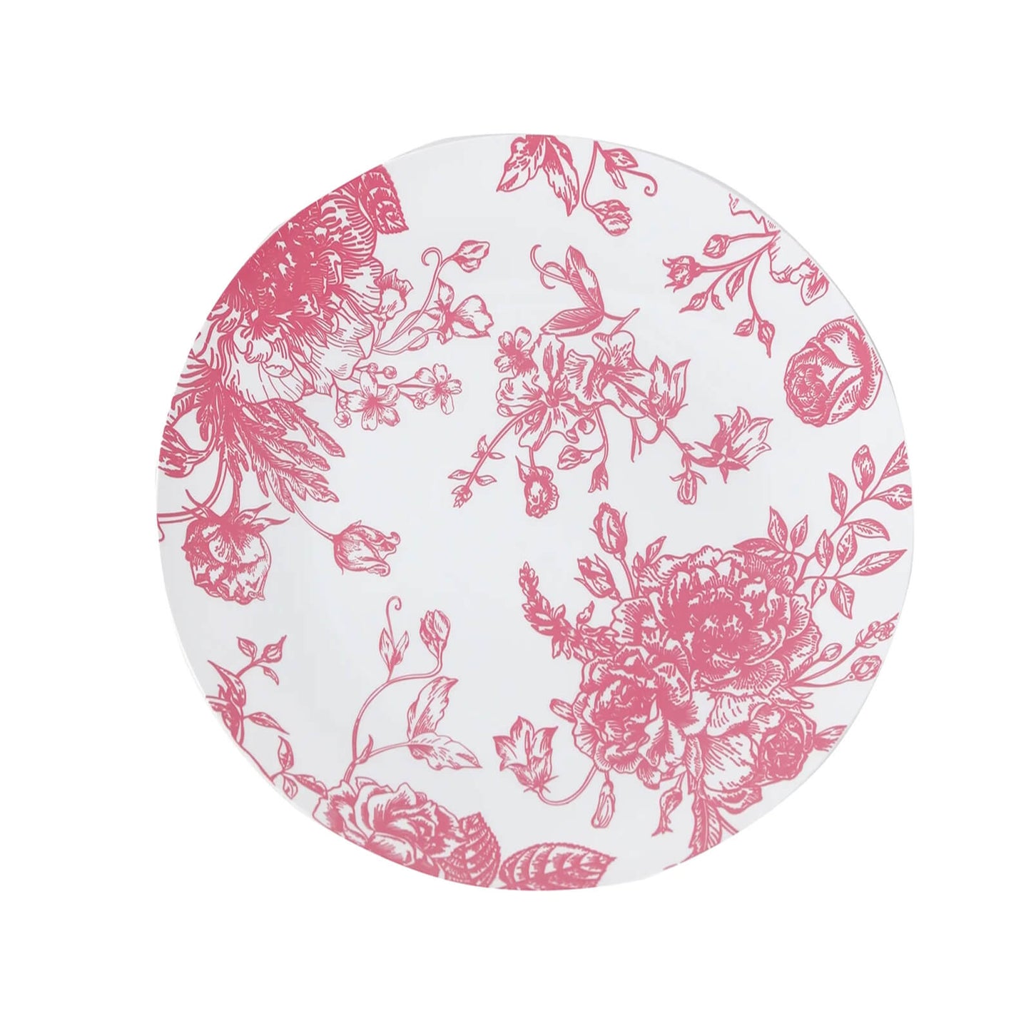 10-Pack French Toile Plastic Party Plates â€“ Pink & White Floral, 10" Round Disposable Dinner Plates