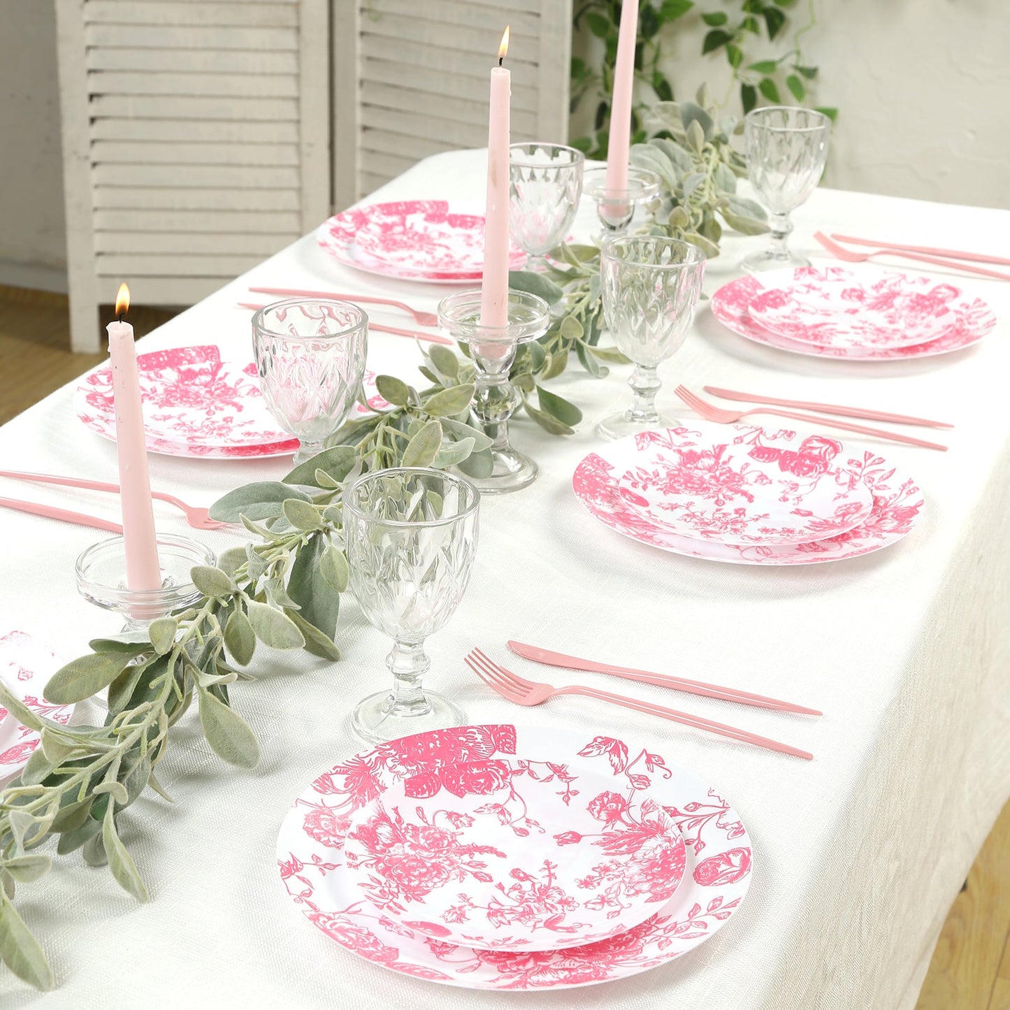 10-Pack French Toile Plastic Party Plates â€“ Pink & White Floral, 10" Round Disposable Dinner Plates