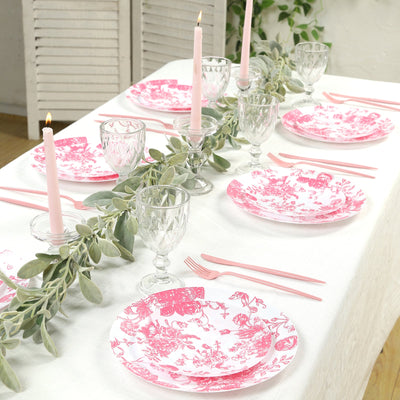 10-Pack French Toile Plastic Party Plates â€“ Pink & White Floral, 10" Round Disposable Dinner Plates