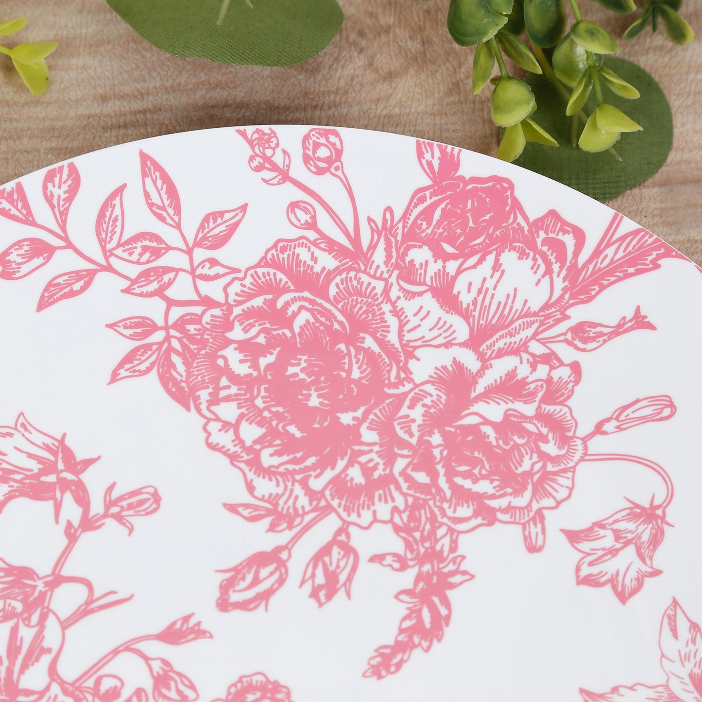 10-Pack French Toile Plastic Party Plates â€“ Pink & White Floral, 10" Round Disposable Dinner Plates