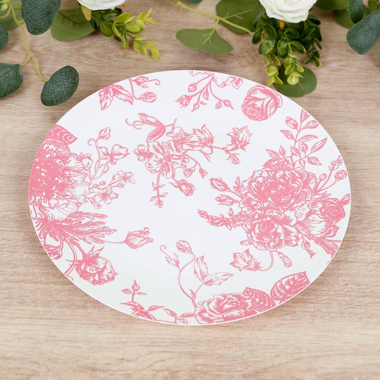10-Pack French Toile Plastic Party Plates â€“ Pink & White Floral, 10" Round Disposable Dinner Plates