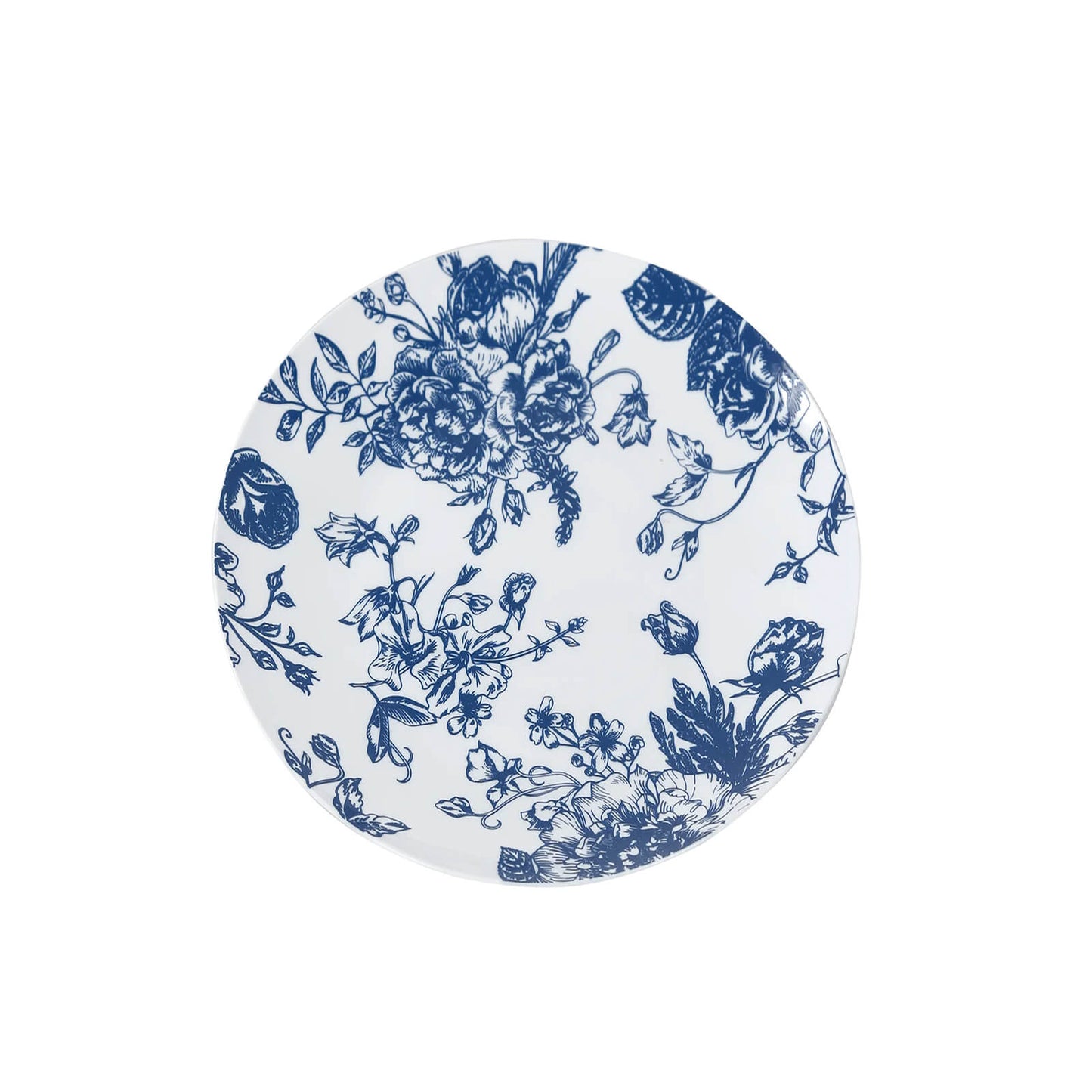 10-Pack French Toile Plastic Salad Plates â€“ Blue & White Floral, 7" Round Disposable Dessert Plates