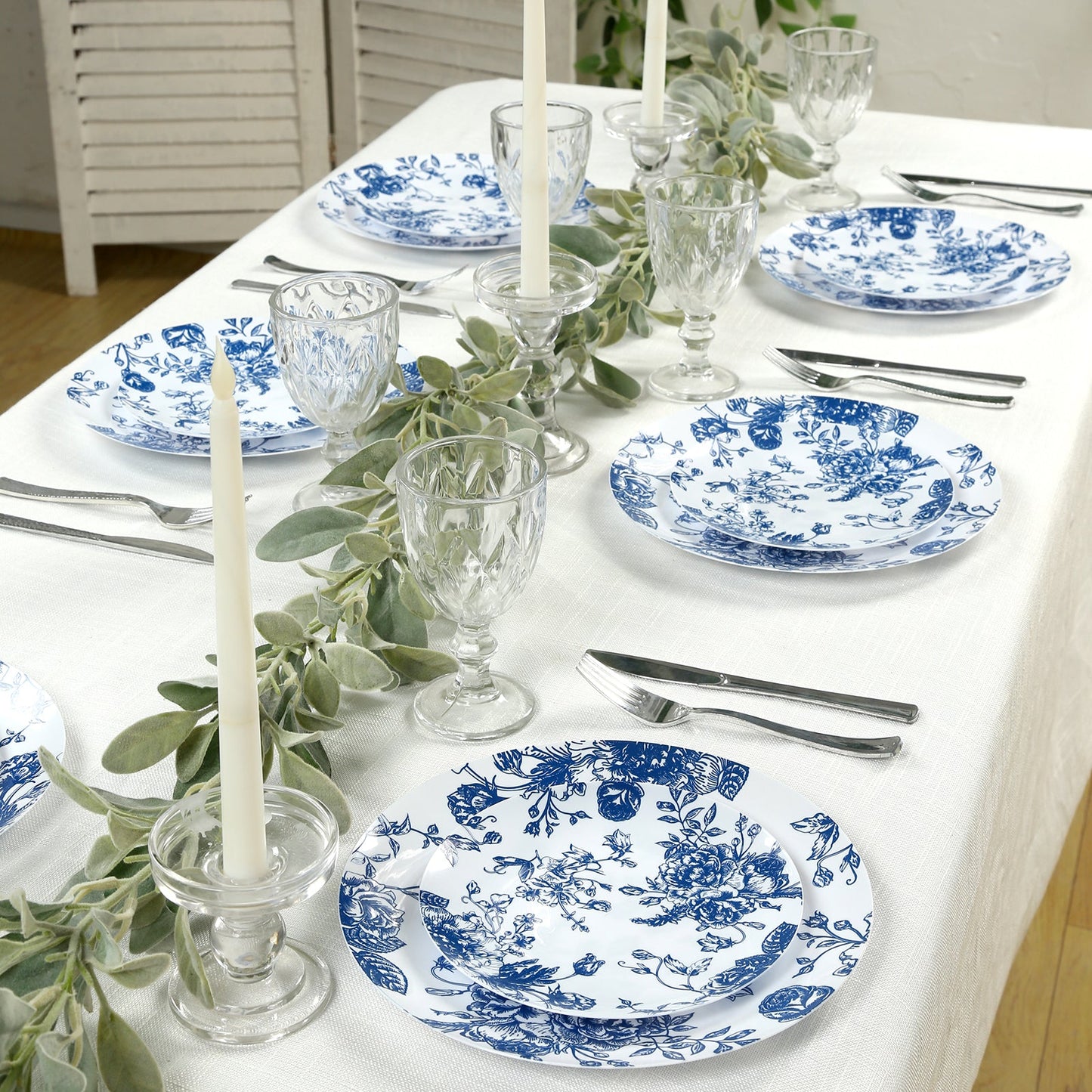 10-Pack French Toile Plastic Salad Plates â€“ Blue & White Floral, 7" Round Disposable Dessert Plates