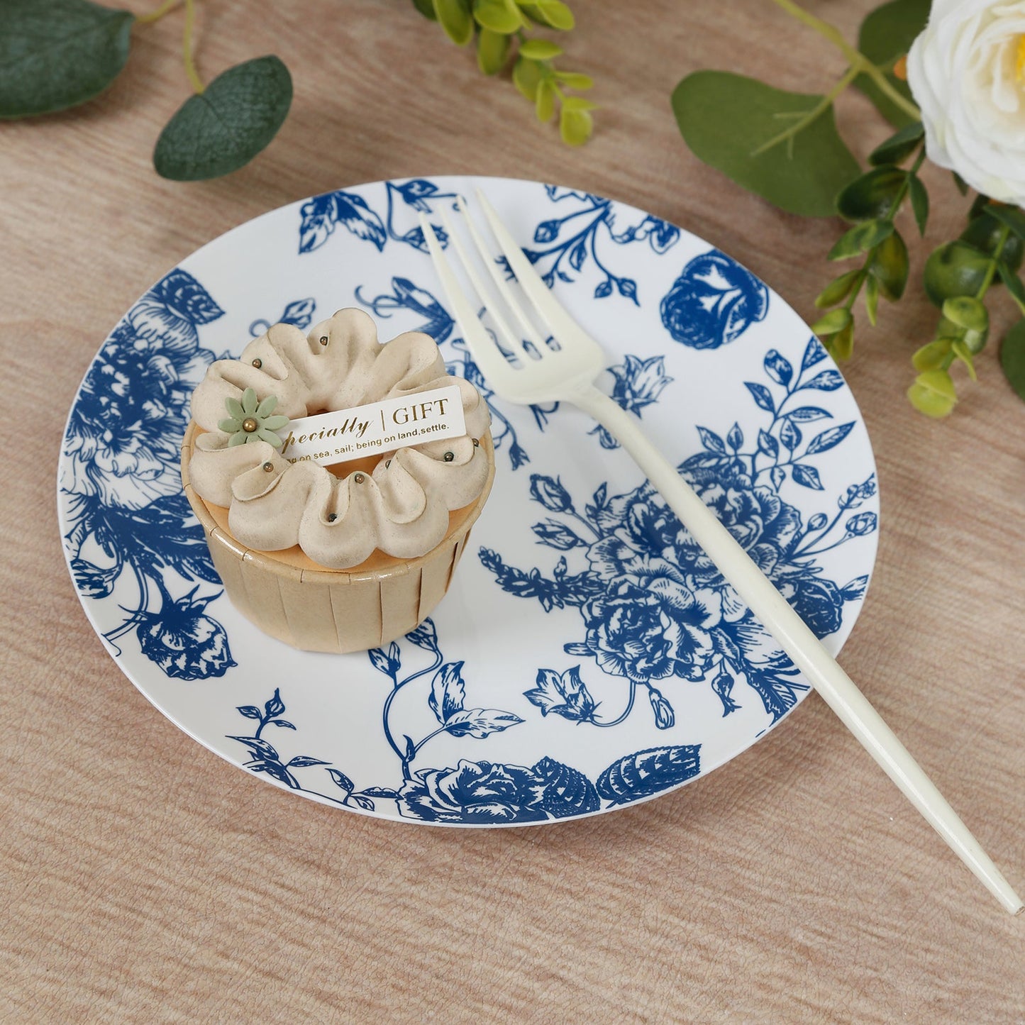 10-Pack French Toile Plastic Salad Plates â€“ Blue & White Floral, 7" Round Disposable Dessert Plates