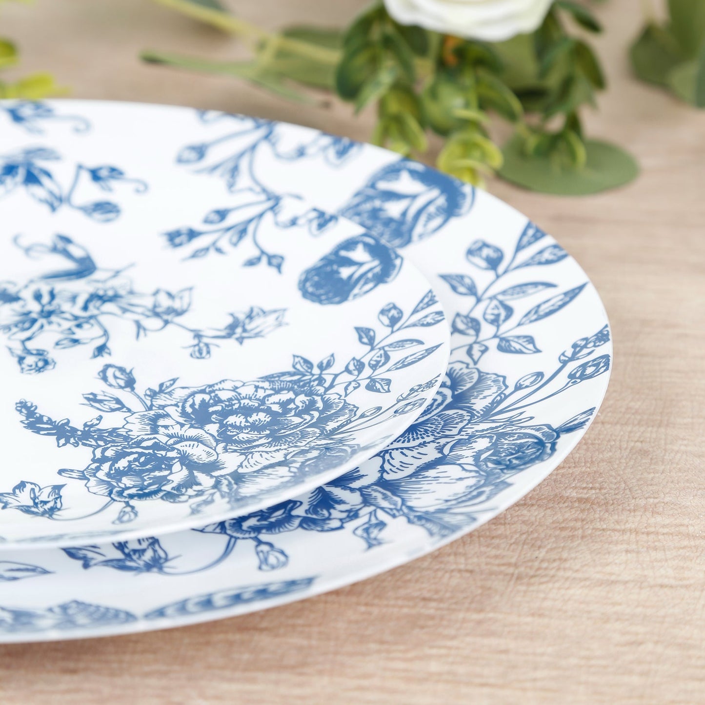 10-Pack French Toile Plastic Salad Plates â€“ Blue & White Floral, 7" Round Disposable Dessert Plates