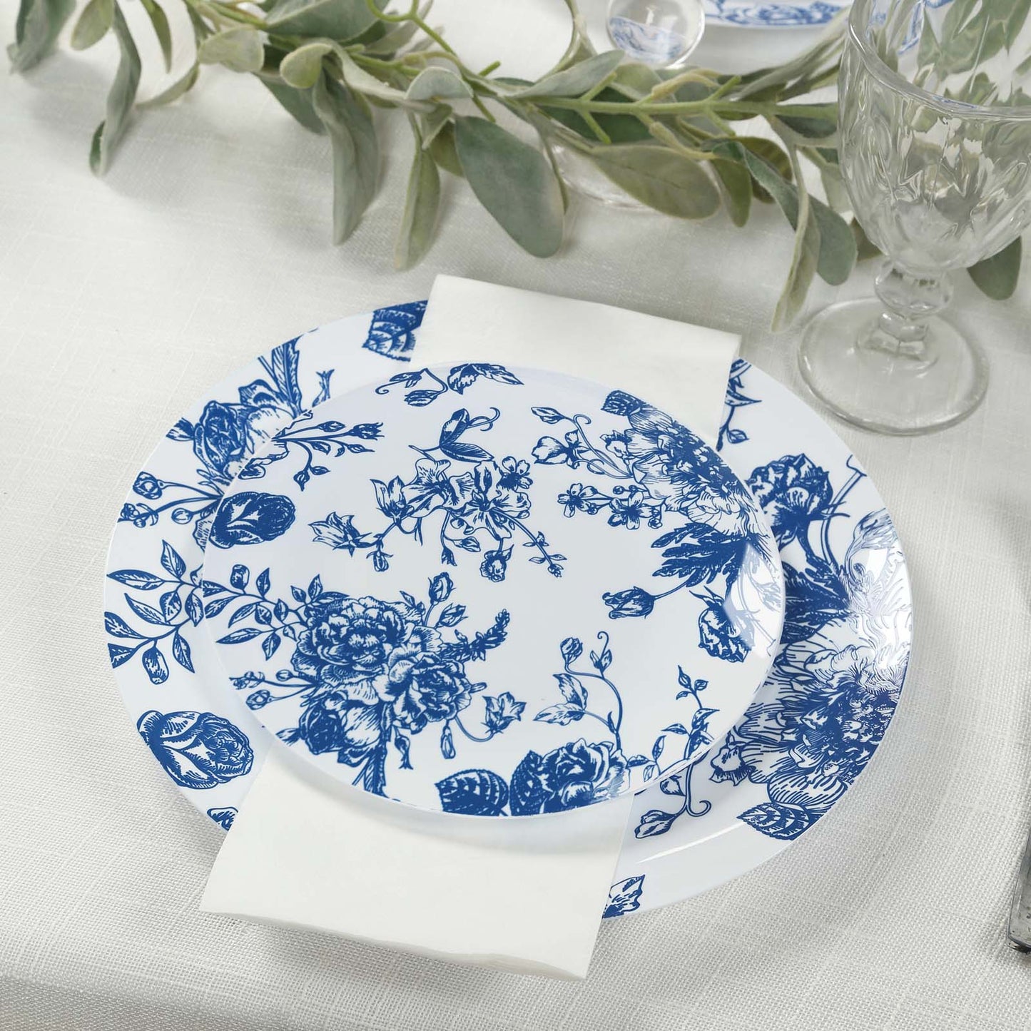 10-Pack French Toile Plastic Salad Plates â€“ Blue & White Floral, 7" Round Disposable Dessert Plates
