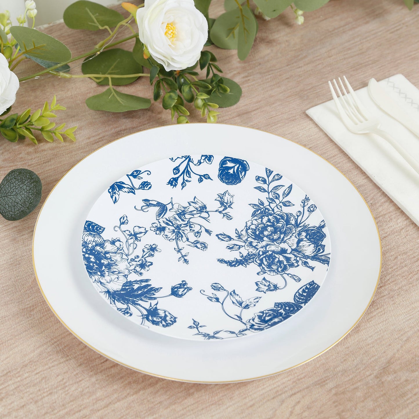 10-Pack French Toile Plastic Salad Plates â€“ Blue & White Floral, 7" Round Disposable Dessert Plates