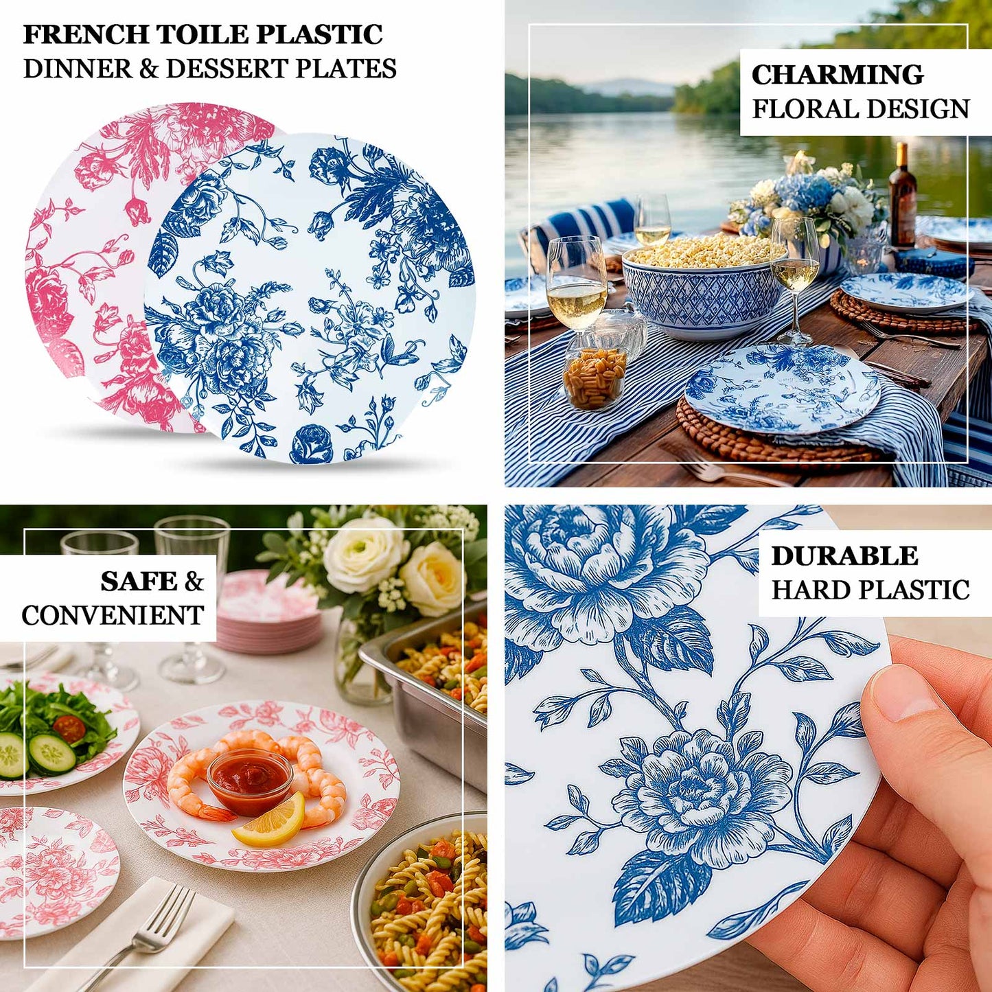 10-Pack French Toile Plastic Salad Plates â€“ Blue & White Floral, 7" Round Disposable Dessert Plates