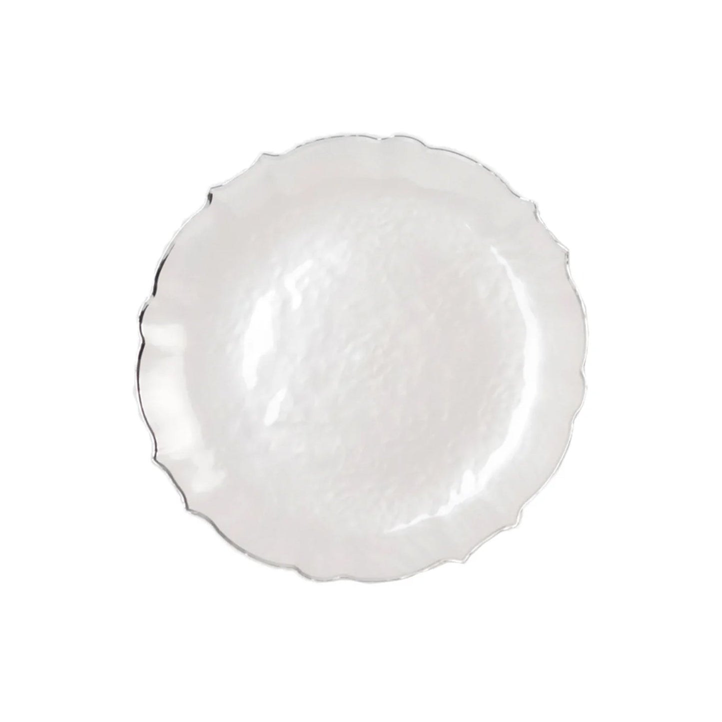 10-Pack Plastic 10" Round Dinner Plates in Pearl White Sunflower with Silver Scalloped Rim - Disposable Party Plates for Classy Events & Banquets