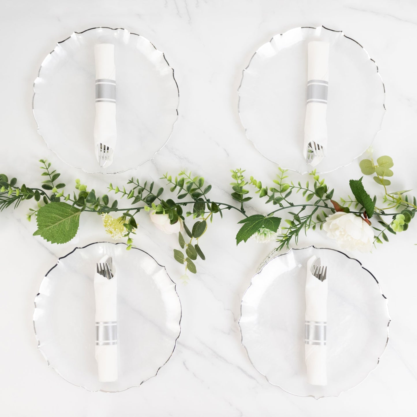 10-Pack Plastic 10" Round Dinner Plates in Pearl White Sunflower with Silver Scalloped Rim - Disposable Party Plates for Classy Events & Banquets