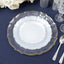 10-Pack Plastic 10" Round Dinner Plates in Pearl White Sunflower with Silver Scalloped Rim - Disposable Party Plates for Classy Events & Banquets