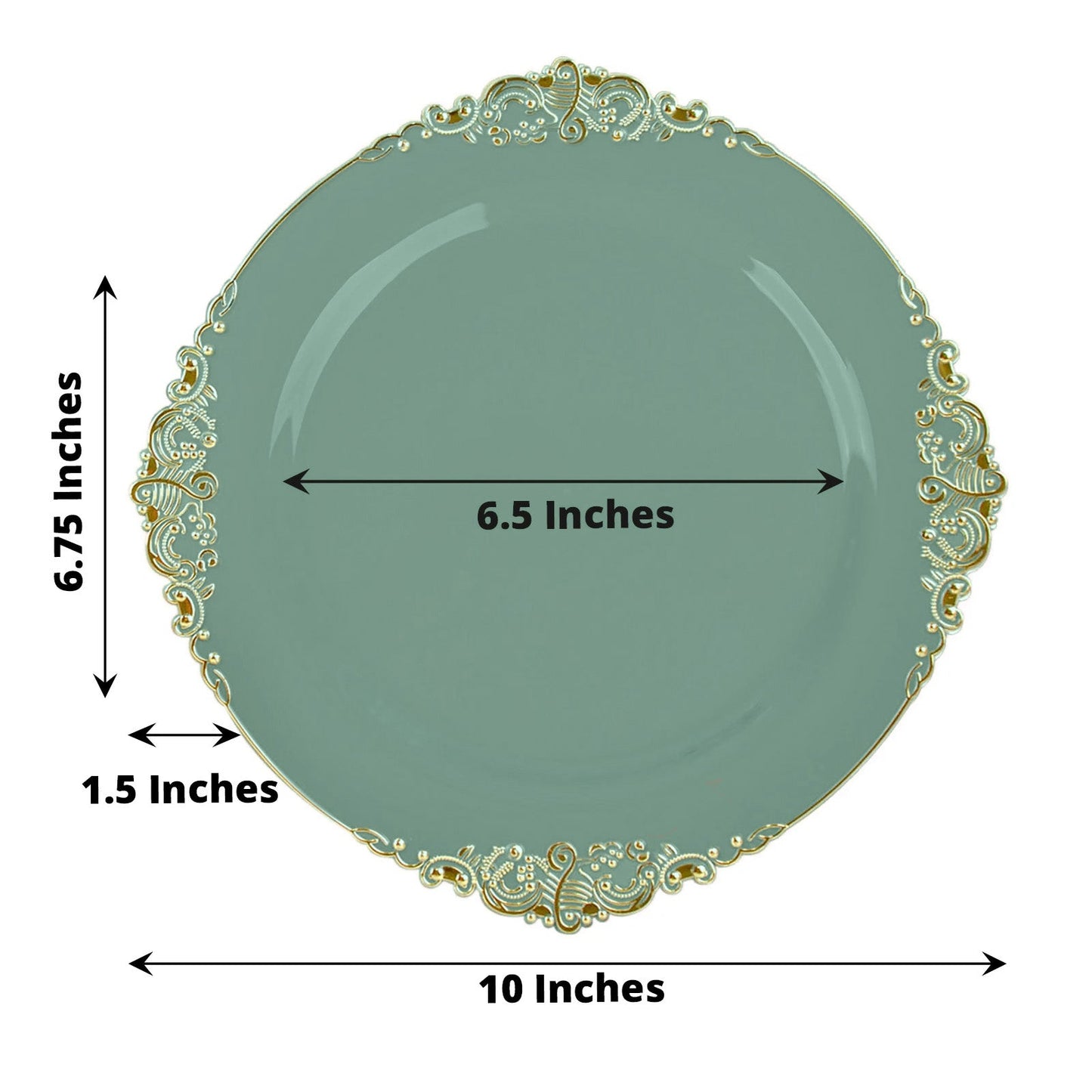 10-Pack Plastic 10" Round Dinner Plates in Dusty Sage Green with Gold Leaf Embossed Rim - Disposable Vintage Baroque Style Plates