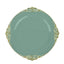 10-Pack Plastic 10" Round Dinner Plates in Dusty Sage Green with Gold Leaf Embossed Rim - Disposable Vintage Baroque Style Plates