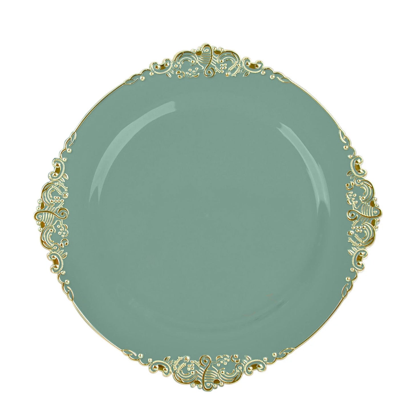 10-Pack Plastic 10" Round Dinner Plates in Dusty Sage Green with Gold Leaf Embossed Rim - Disposable Vintage Baroque Style Plates