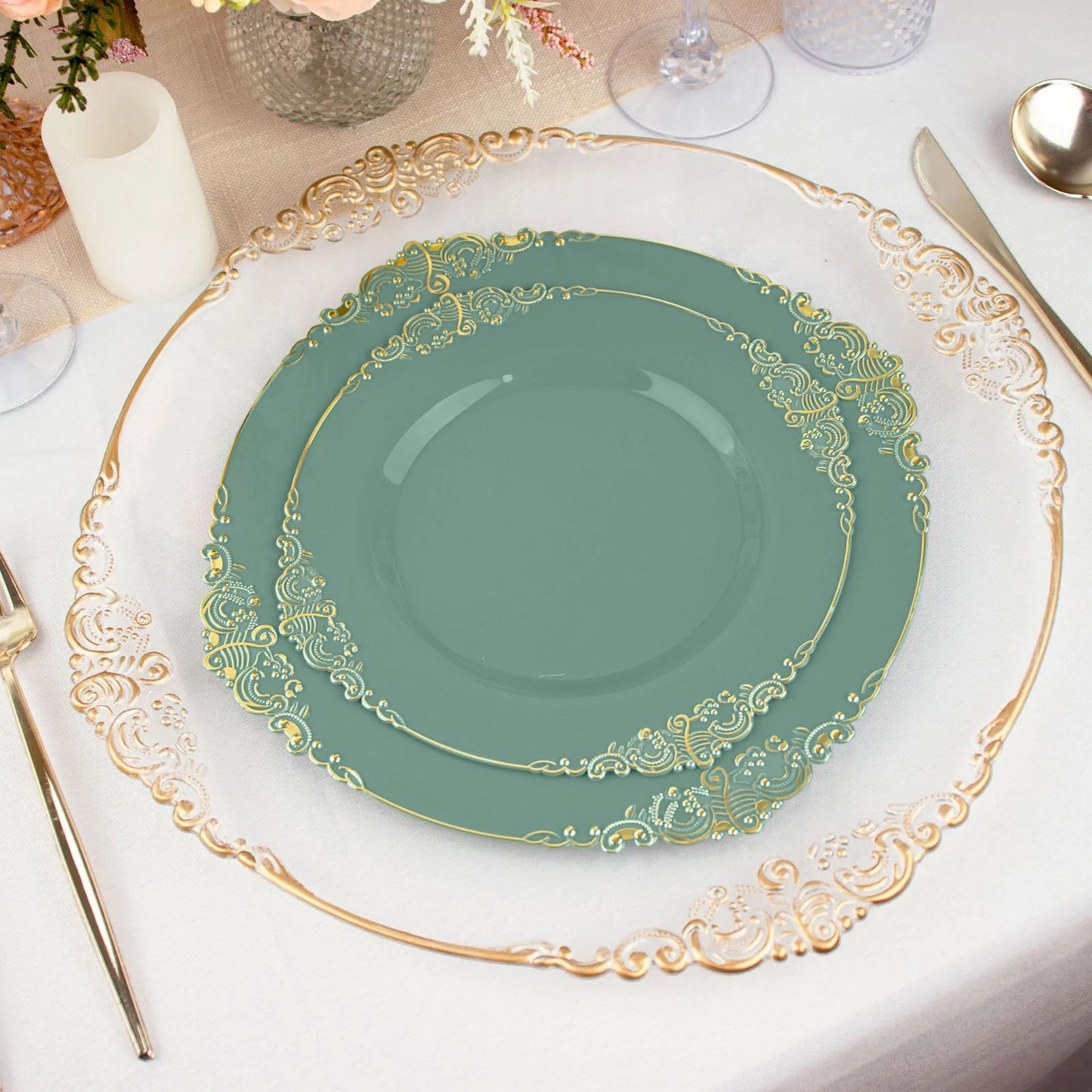 10-Pack Plastic 10" Round Dinner Plates in Dusty Sage Green with Gold Leaf Embossed Rim - Disposable Vintage Baroque Style Plates